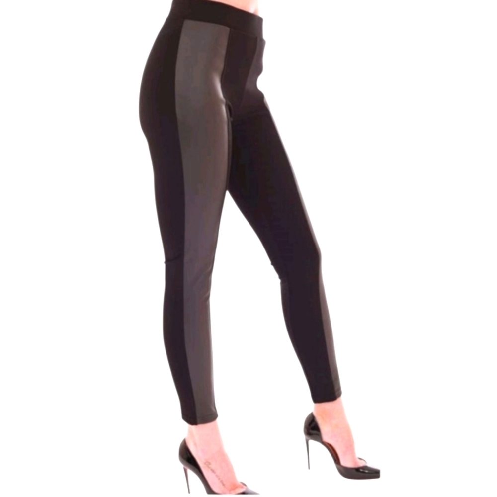 TRIBE Tummy Control Black Leggings With Faux Leather Panel Size Small NWT